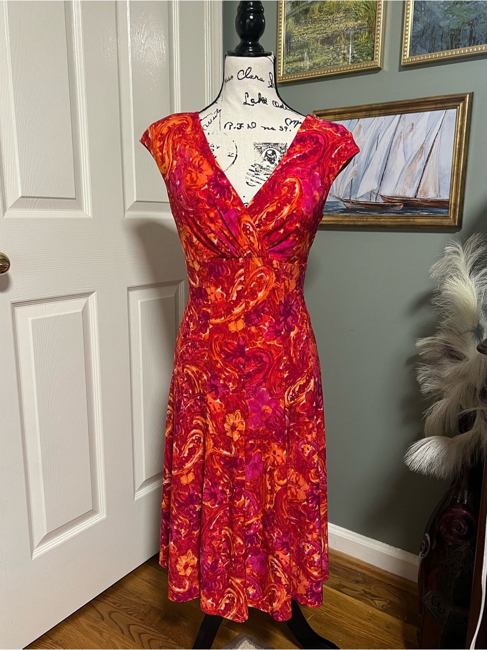 70s Boho Autumn Romantic Paisley Fall Office Chic Midi Dress Size 8